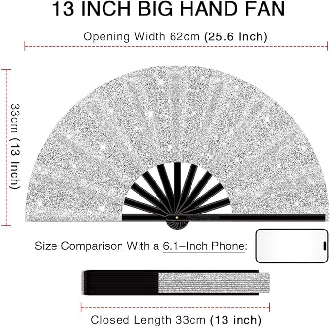 13" Large Folding Rave Fan with Holster, Clack Hand Fans Foldable for Line Dancing, Boots On The Ground Fan for Women Men Festival EDM Party Decoration, Glitter Silver 2 Pack