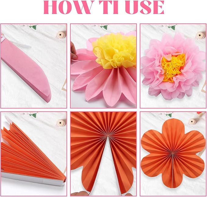 12PCS Paper Flowers Fans Orange and Hot Pink Party Decorations Tissue Paper Flowers Decorations for Girl Groovy Birthday Baby Shower Wedding Bachelorette Room Wall Hanging Décor