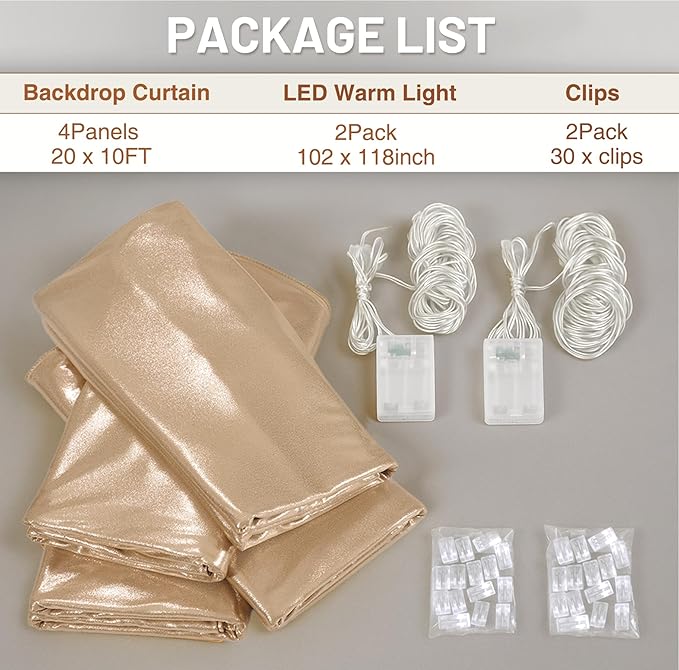 PartyVillage 20x10FT Champagne Gold Sequin Backdrop Curtain with String Lights – 4 Panels 5x10FT Sparkly Wrinkle-Free Glitter Backdrop Drapes for Wedding, Birthday, Photography, Graduation Party Décor