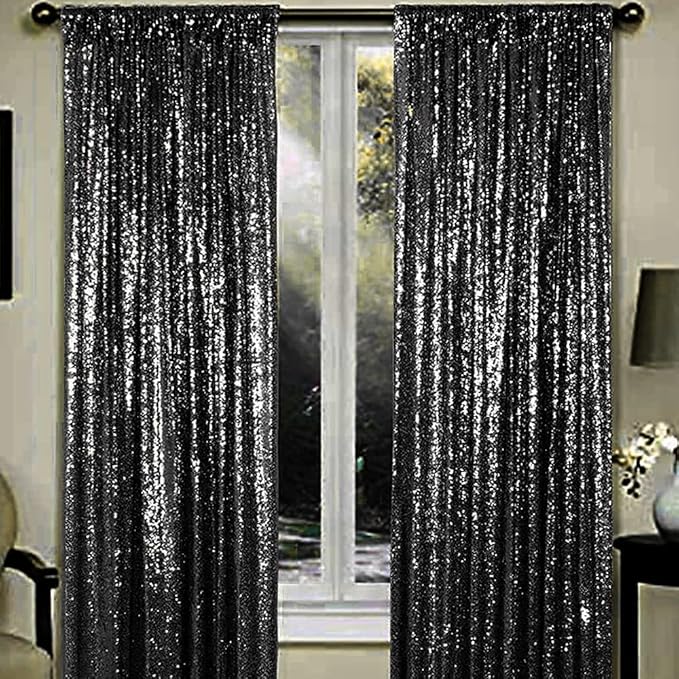 Black Sequin Backdrop Curtains 2 Panels 4FTx8FT Wedding Photo Backdrop Drapes Glitter Birthday Bridal Party Curtains Sparkle Background Party Decor Curtains Halloween Decoration