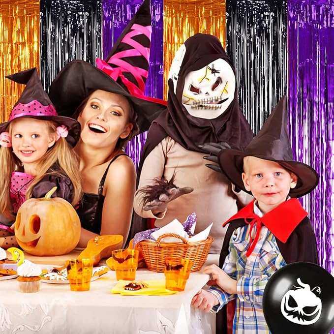 TONIFUL 2Pcs Orange Purple Black Metallic Tinsel Foil Fringe Curtains,3.28ft x 6.56ft Halloween Photo Booth Backdrop Streamer,Photo Props,for Party Door Wall Curtains Wedding Birthday(9.9ft x 6.6ft)
