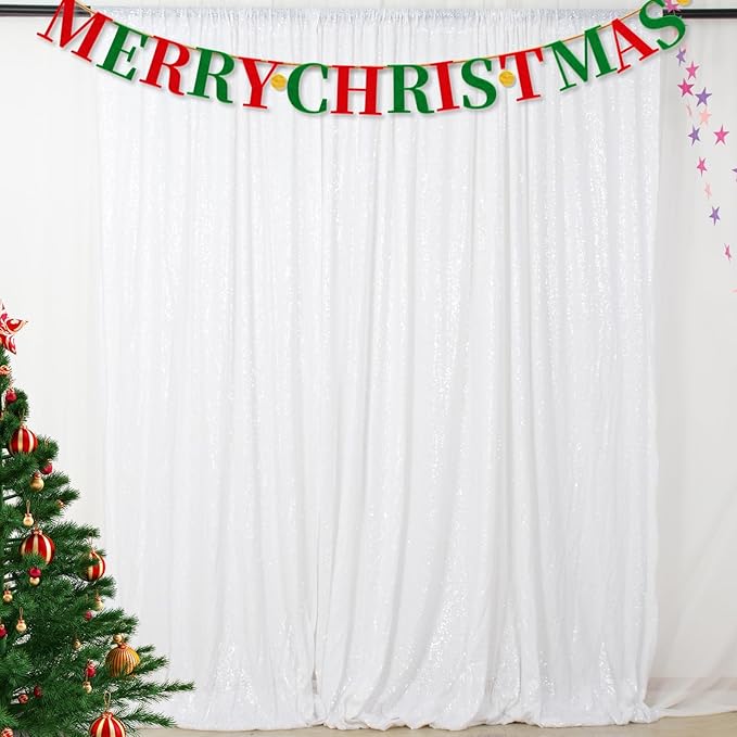 ShinyBeauty Sequin Backdrop 8FTx10FT White Sequin Fabric Backdrop Drapes Sparkle Curtain for Photoshoot Baby Shower Glitter Background for Birthday Party Photography Backdrops