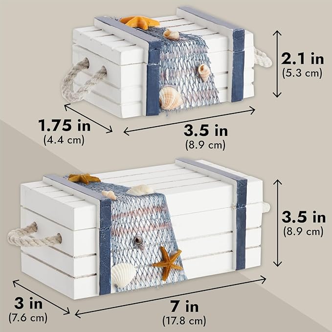 Juvale Nautical Wooden Jewelry Box Set - Jewelry Storage & Nautical Decor Boxes with Lids - Coastal Decor Table Centerpiece