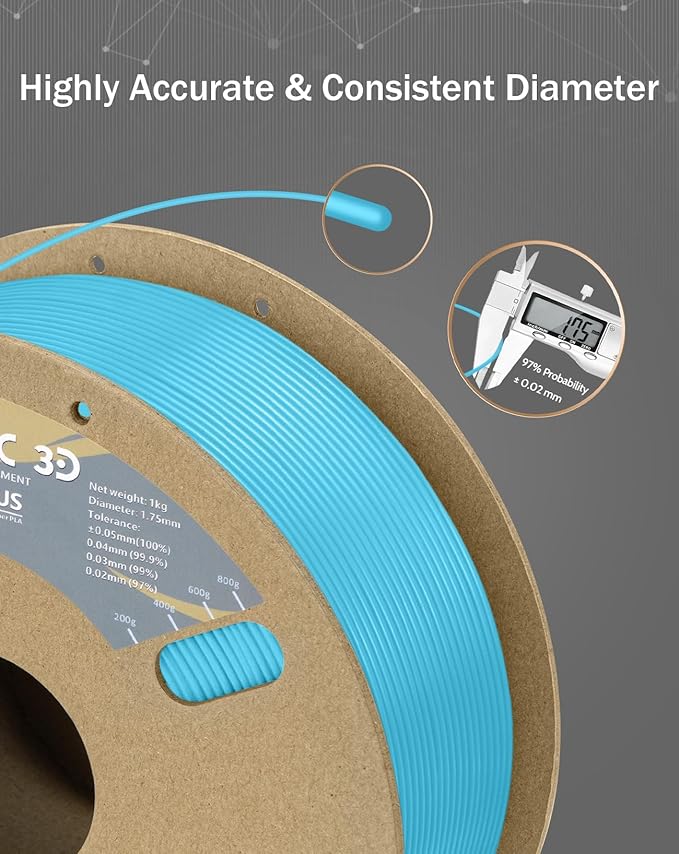 DURAMIC 3D PLA+ Filament 1.75mm 1Kg Light Blue, PLA Plus Filament 1Kg Spool(2.2lbs) Tougher and Stronger, Dimensional Accuracy Probability +/- 0.02mm