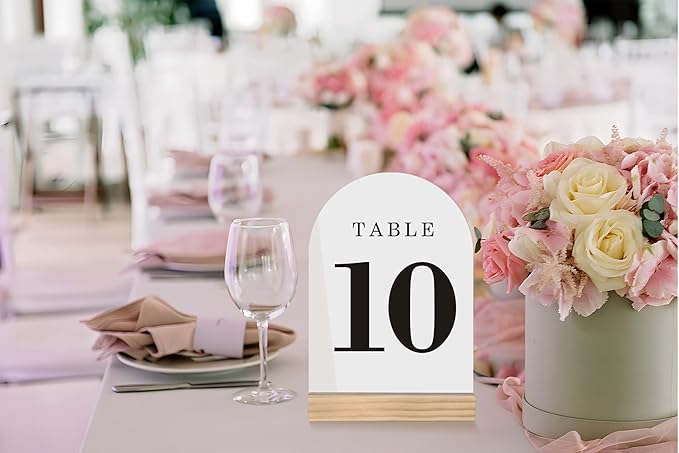 Wedding Table Numbers 1-20, Acrylic Arch Signs with Natural Wood Stands Holders, Rustic Table Decor for Reception & Parties (White Black)