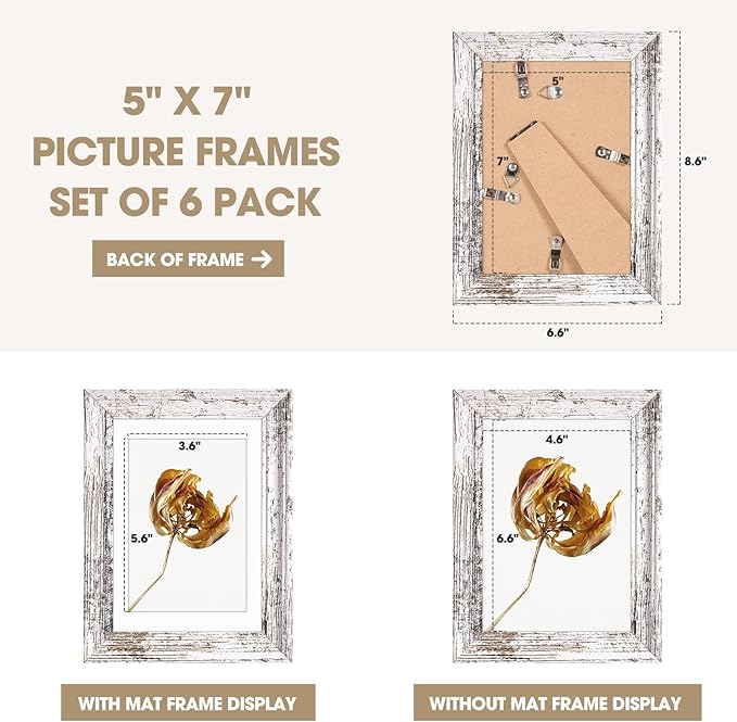 TWING 5x7 Picture Frames Set of 6,Display Pictures 4x6 with Mat or 5x7 Without Mat,Rustic Picture Frames Collage Photo Frame for Tabletop and Wall Mounting,Rustic White,Wave Texture