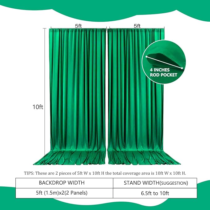 2 Panels Deep Green Backdrop Curtain, 10 x 10 Feet Background Curtains for Parties, Weddings, Baby Showers, Bachelorette Halloween, Christmas Birthday Party Photoshoot Backdrop Curtains Decorations
