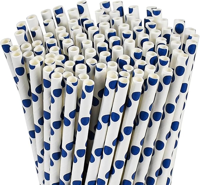 100 Counts Blue Polka Dots Paper Disposable Drinking Straws 7.75 inch, 0.24" Dia. - for Cocktail, Juice, Bar, Restaurant