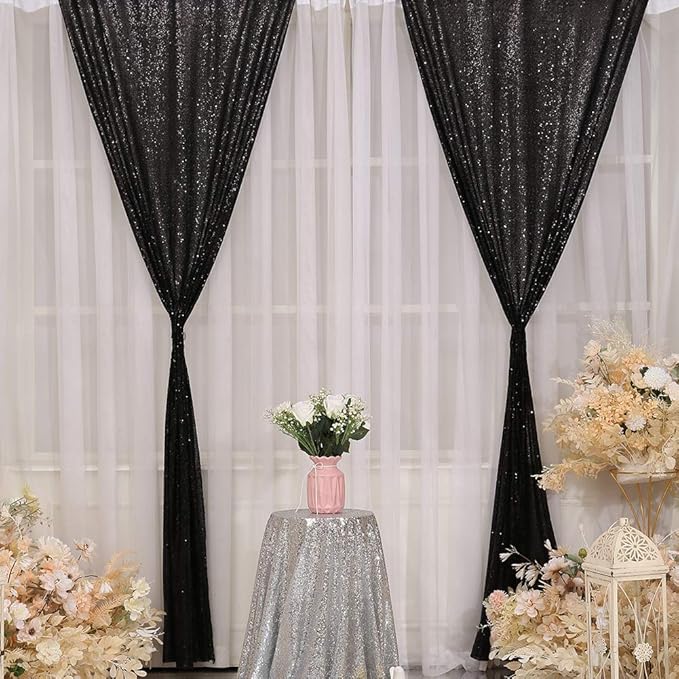 SquarePie Sequin Backdrop Curtain 2FT x 8FT Black for Halloween Party 2 Panels