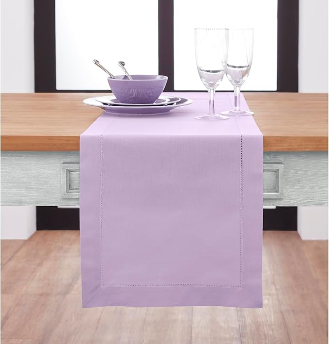 Solino Home Table Runner 90 Inches Long - Cotton Linen Hemstitch Lavender Ice Table Runner 14 x 90 Inch