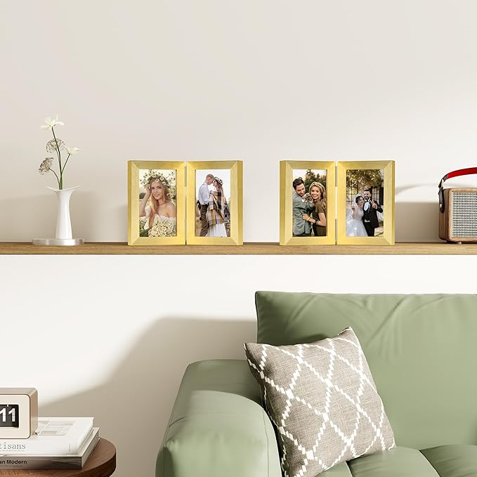 decorUhome Double 4x6 Picture Frame Vertical, Engineered Wood Bifold Photo Frame with Plexiglass for Tabletop Display, 4x6, Gold