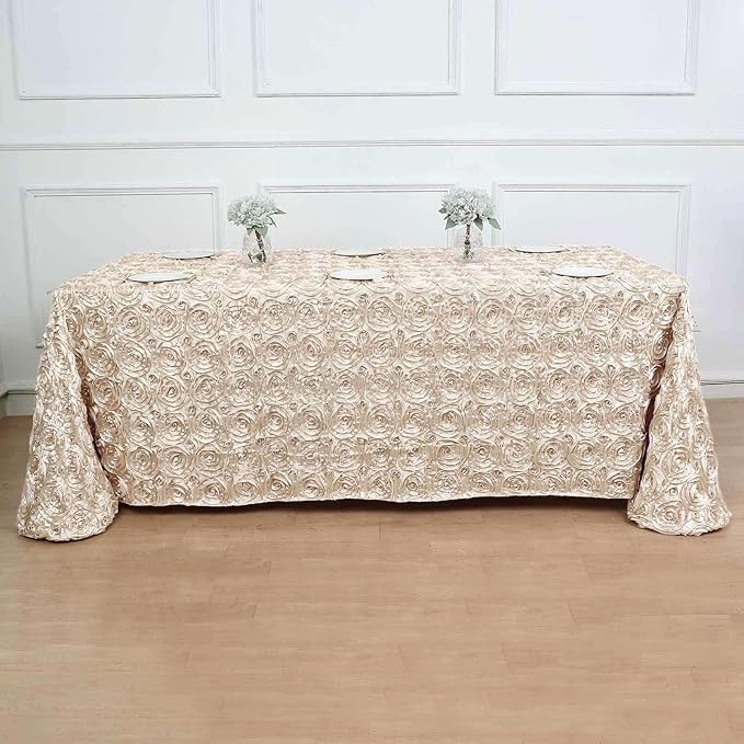 Efavormart 90"X132" Beige Grandiose 3D Rosette Satin Rectangle Tablecloth for Wedding Party Event