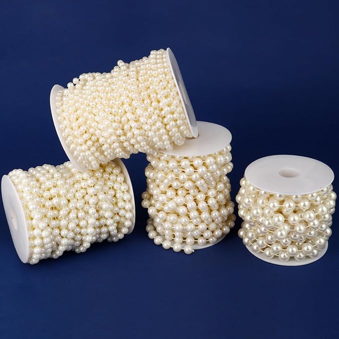 29.5 FT Pearl Beads Garland for Decoration, 10MM Craft Pearl Beads String Spool Ivory Color Faux Pearl Strand Roll for DIY Craft Wedding Party Christmas Tree Decoration