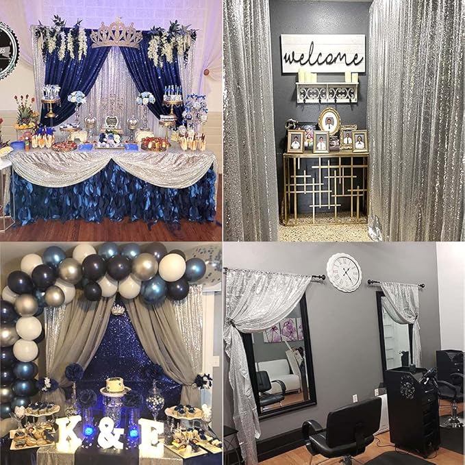 Silver Sequin Backdrop Curtains 2FTx8FT 2 Panels Sparkle Backdrop Curtain Drapes Glitter Backdrop Photo Background for Wedding Baby Shower Xmas Birthday Parties