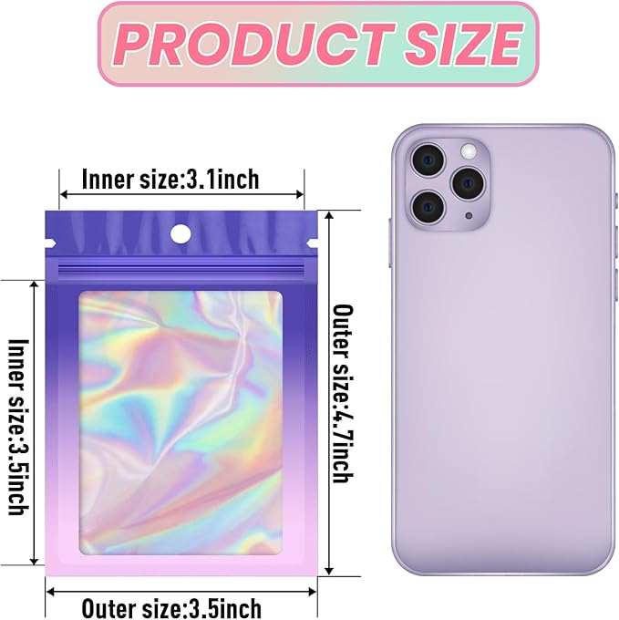 Funfery 100 Pack Mylar Holographic Bags,Clear Window Foil Bags Seal Pouch Resealable Bag with Zipper,Packaging Bag for Food Storage,Jewelry,Business Supplie(3.5×4.7in,Purple Pink)