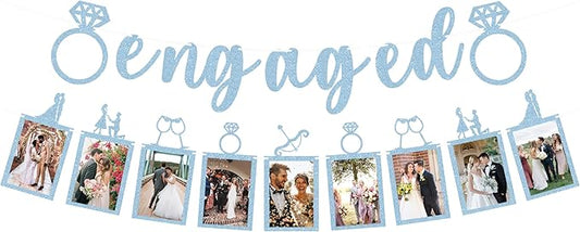 Pre-Strung Engaged Photo Banner - Light Blue Glitter Engagement Party Decoration Supplies with Romantic Memories Picture Card Frames for Bachelorette, Bridal Shower, Wedding Party Photo Booth Props