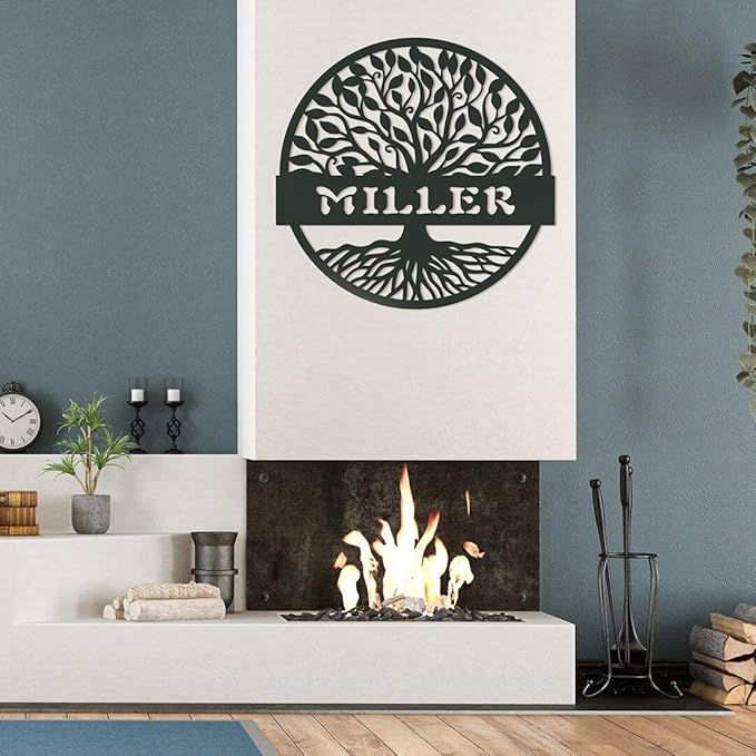 RealSteel Personalized Metal Wall Art - Custom Tree of Life Design with Family Name - Circular Metal Sign - Personalized Wedding, Anniversary, or Housewarming Gift - Black, 18"