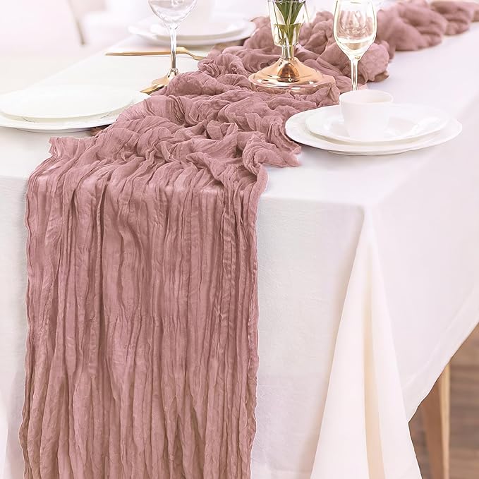 1-Pack Dusty Pink Cheesecloth Table Runners – 10FT (35x120 Inch) Boho Rustic Gauze Fabric Cheese Cloth Table Runner for Weddings, Baby Showers, Bridal Shower, Farmhouse & Birthday Party Decor