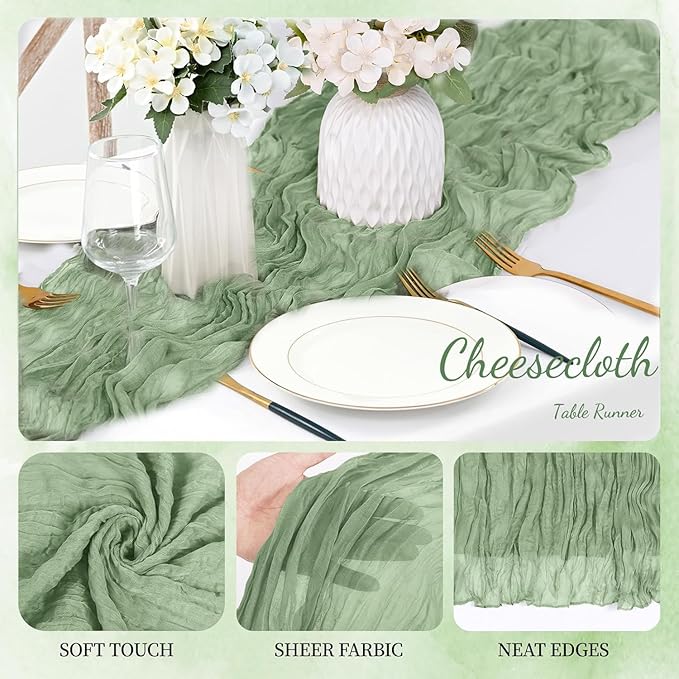 6 Pack Sage Green Cheesecloth Table Runner 23x120 inch Rustic Boho Gauze Table Runner 10 FT Long Sheer Cheese Cloth Fabric Table Runners for Romantic Wedding Bridal Shower Birthday Party Decor