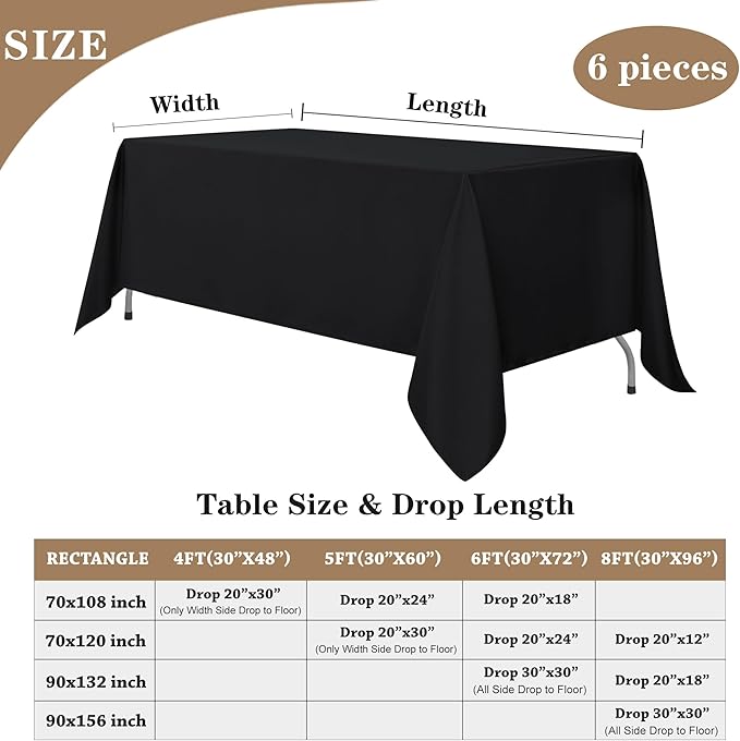 Fitable Black Tablecloths for Rectangle Tables, 6 Pack - 70 x 120 Inches - Reusable and Washable Table Clothes for 6-8 Ft Tables, Polyester Fabric Table Covers for Wedding, Party, Banquet