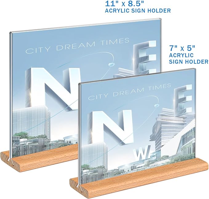 Kersally Acrylic Sign Holder 7 x 5'', 4 Pack Double-Sided Clear Table Display Stands with Wood Base,Horizontal Acrylic Frame Menu Flyer Paper Holder for Store, Restaurant, Hotel, Office, Show Fair
