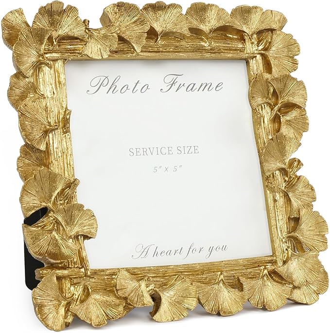 Cuspin Vintage Gold 5x5 Picture Frame, Gold Ornate Leaf Textured Hand-Crafted Resin with Glass Front, Antique Square Photo Frame for Tabletop Display, Retro Design Home Decor
