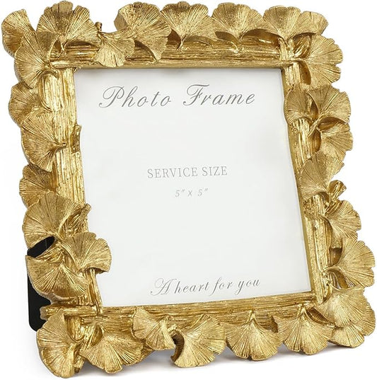 Cuspin Vintage Gold 5x5 Picture Frame, Gold Ornate Leaf Textured Hand-Crafted Resin with Glass Front, Antique Square Photo Frame for Tabletop Display, Retro Design Home Decor