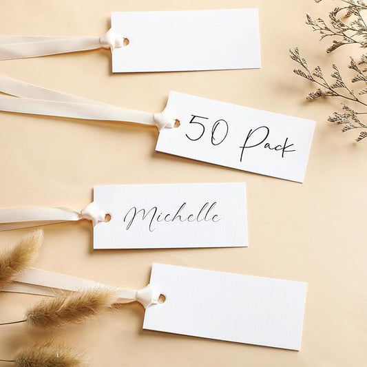 50 Pcs Name Place Cards for Table Setting Blank Wedding Place Cards with Satin Ribbon 1.57 x 3.54 Inch Hanging Gift Tags for Wedding Dinner Banquet Party Table Setting Supplies(Beige)