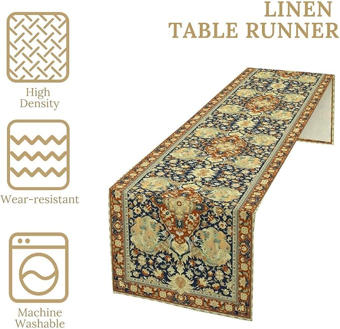 Vintage Boho Floral Table Runner, Elegant Luxurious Rustic Country Farmhouse Navy Blue Gold Retro Flower Pattern for Home Kitchen Table Decor Dining Coffee Room Party Decor 13x36in