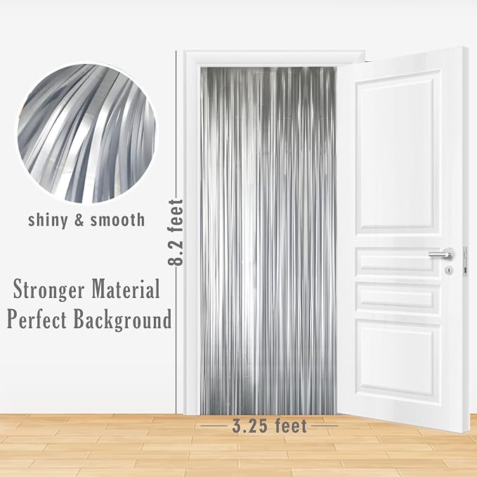 GOER 3.2 ft x 8.2 ft Metallic Tinsel Foil Fringe Curtains,Party Streamer Backdrop for Birthday,Graduation Decorations and New Year Eve (2 Pcs,Matte Silver,Thick Material)