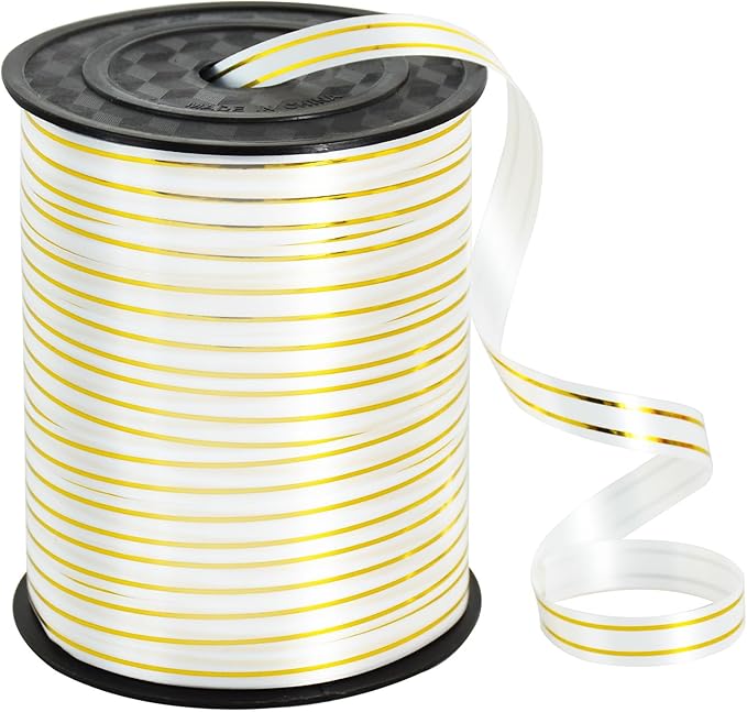 TONIFUL Curling Ribbon-White Gold Balloon Curling Ribbons-250 Yards Balloon String for DIY Decor,Gift Wrapping,Ribbons and Bows for Christmas New Year Birthday Gifts Graduation Supplies