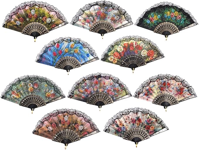 HUNANBANG 4 Pieces Folding Hand Fans Church Wedding Gift, Party Favors, DIY Decoration Gift Size9 Wholesale 4pack (Spanish 4pack)