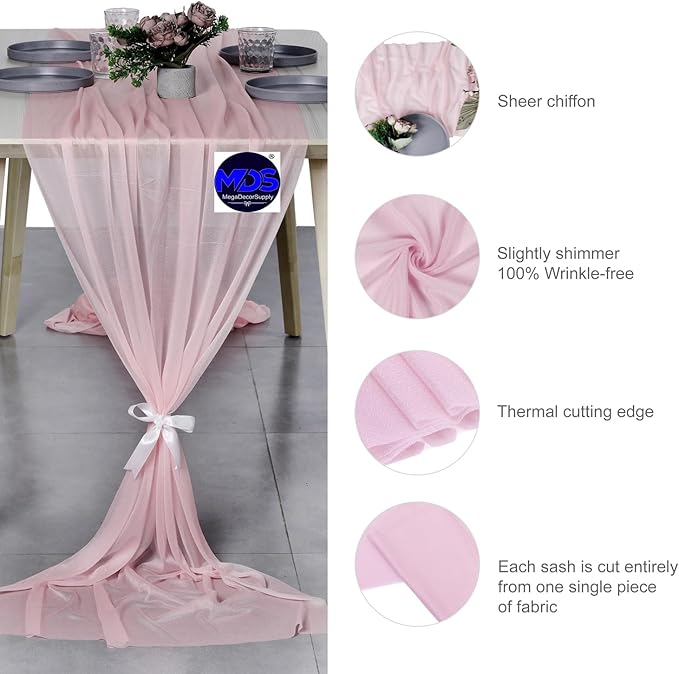 MDS 5 Pack 10ft Chiffon Table Runner 29 x 120 Inches Sheer Wedding Runner Romantic Rustic Table Runner for Wedding Decorations, Birthday Parties, Bridal Shower Party Arch Decor - Blush Pink