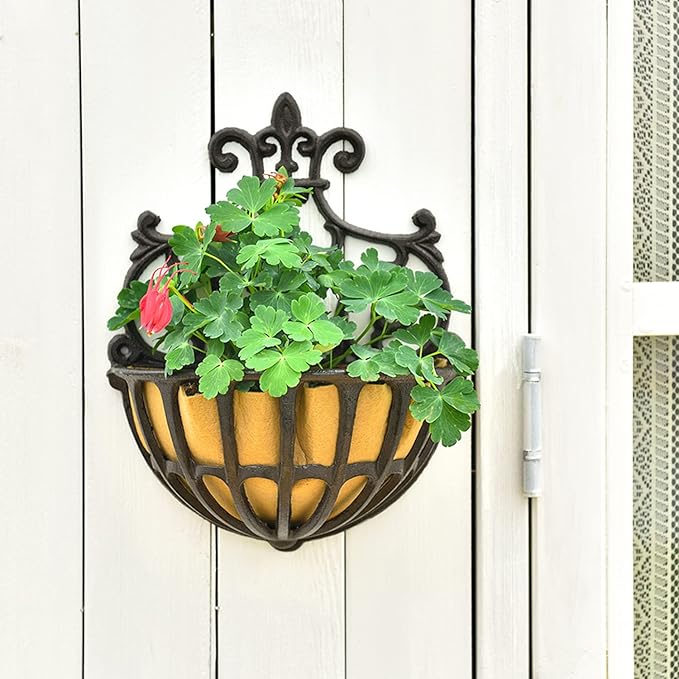 Sungmor 2PC Small Cast Iron Baskets, Heavy-Duty Wall Hanging Hollow Planter w/Fabric Liner, Antique Victoria Half Round Wall Pot Plants Holder, Outdoor Railing Fence Balcony Hanging Basket Flower Pot