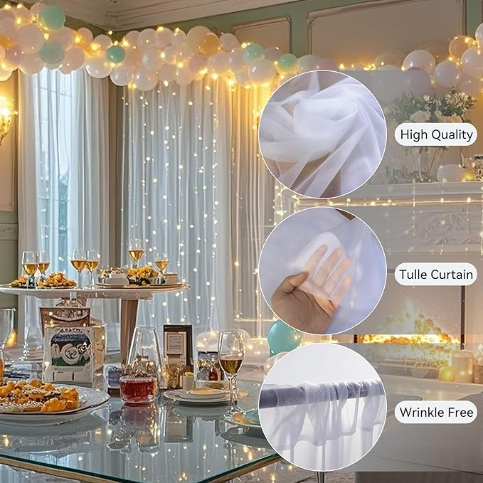 10×10ft Tulle Backdrop Curtains with Lights String - 300LED Fairy Lights Sheer Curtain Backdrop for Weddings Baby Shower and Birthday Party Decorations(6 Panels 5×10ft)