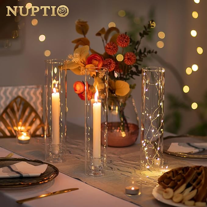 NUPTIO Taper Candle Holders Glass: Set of 2 Clear Hurricane Candlestick Holder - Fluted Candles Stick Stand with Tall Windproof Cylinder Cover for Thanksgiving Christmas Decor