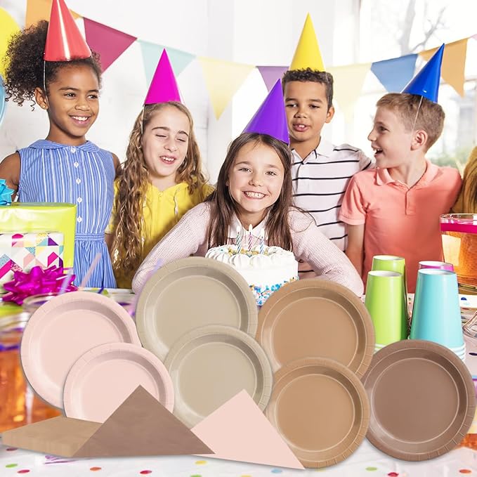 CMUSKO Boho Baby Shower Decorations-150Pcs Gradient Brown Plates and Napkins Kit Serves 50,Neutral Boho Party Supplies for Bridal Shower,Wedding, Birthday