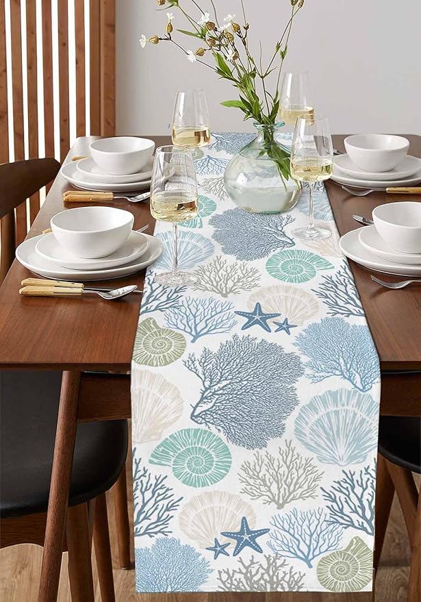 Coastal Coral Cotton Linen Table Runner for Dining Kitchen, Wedding Outdoor Party Tablerunners Decoration, Blue Nautical Starfish Ocean Shell Beach Dresser Scarf Coffee Tablecloth Runners 13''x108''