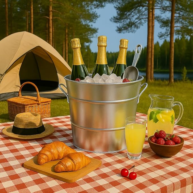 Insulated Ice Bucket with Lid Scoop Handle for Parties Cocktail Bar, 4L Round Mental Champagne Drink Wine Bucket for Drinks Metallic