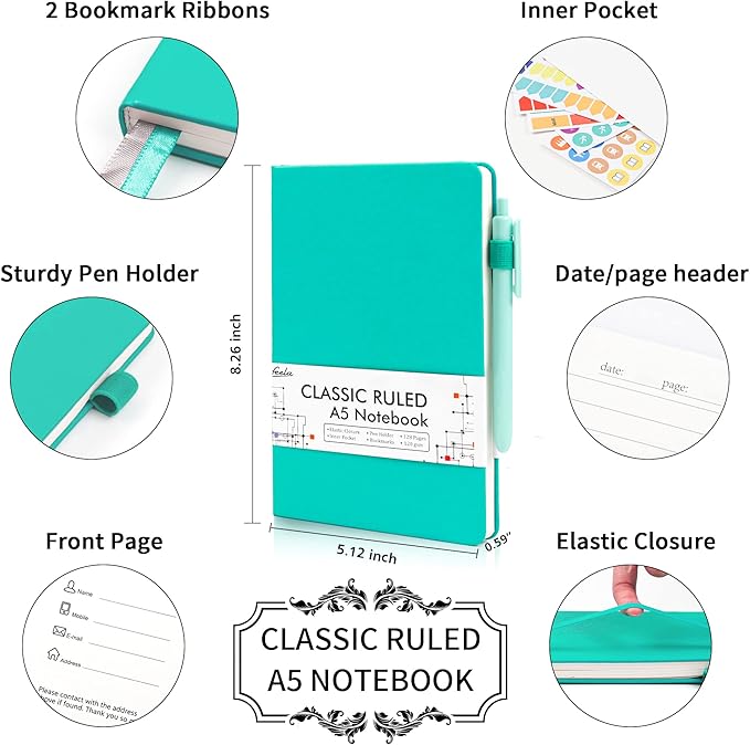 feela 24 Pack Journal Notebook Bulk for Work, Business Notebook Hardcover Lined Writing Journal with Pen Holder for Students Women Note Taking, with 24 Black Pens, 120 GSM, 5.1”x8.3”, A5, Solid Colors