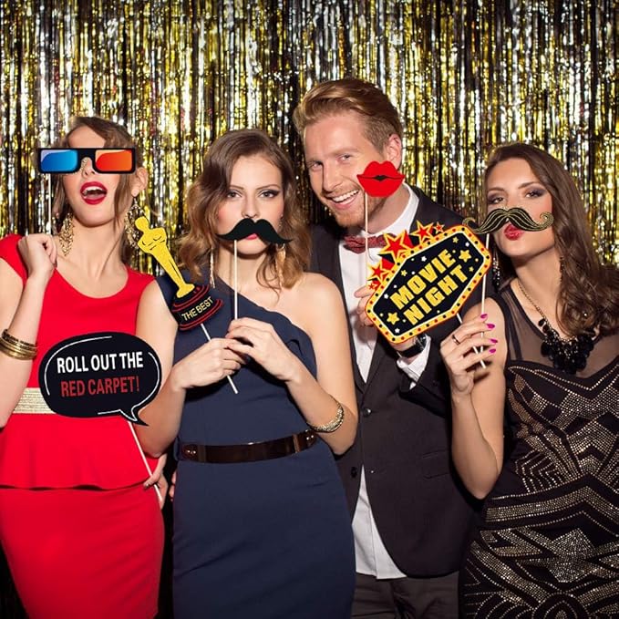 34pcs Hollywood Themed Movie Night Party Photo Booth Props, Hollywood Selfie Frame with Party Photo Props, Red Carpet Cutouts Cards Table Toppers Theme Decor Movie Night Party Supplies