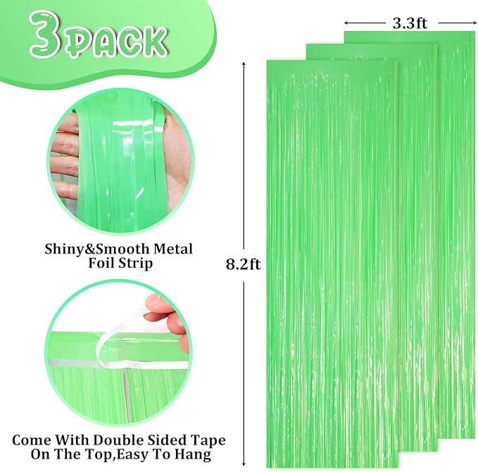 3 Pack 3.3 x 8.2 ft Pastel Green Foil Fringe Backdrop Curtains, Tinsel Streamers Party Decorations, Fringe Backdrop