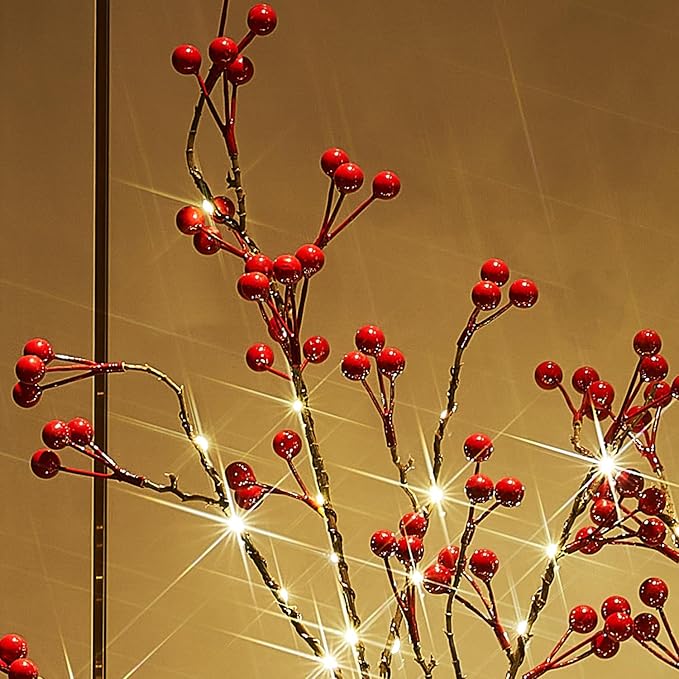 Fudios Lighted Red Berry Branches 80 LED Fairy Lights with Timer USB Plug in or Battery Operated, Artificial Twig Branches with Lights 32IN Christmas Home Fireplace Mantle Decoration