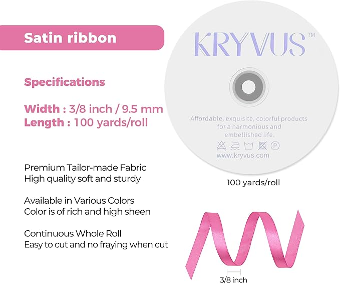 Hot Pink Satin Ribbon 3/8 inch X Continuous 100 Yards, Single Face Polyester Ribbon Perfect for Gift Wrapping, Flower Bouquet, Wedding Decor, Crafts, Bow Making, Sewing and More