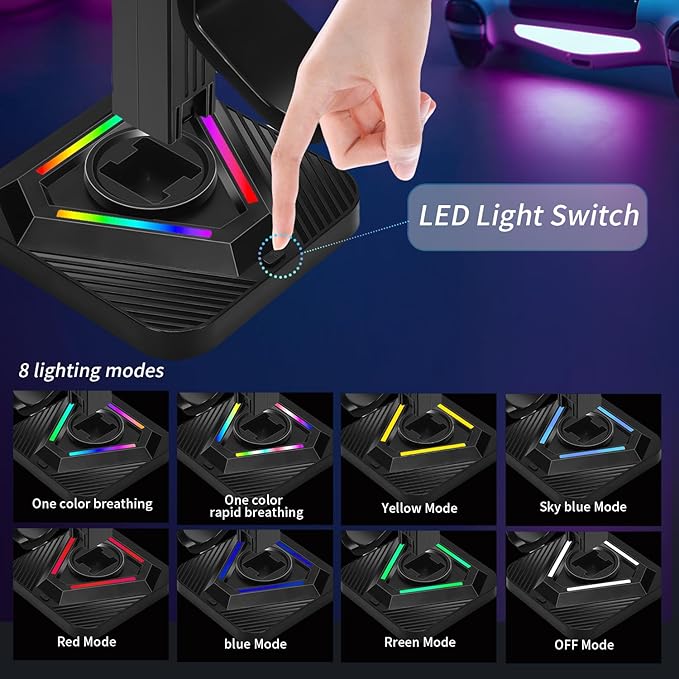 Universal Gaming Controller Stand Compatible with Xbox/PlayStation 5/PC | Headset Stand with 7-Color RGB Lighting Modes | 360° Rotatable Base & Detachable Hooks with Sturdy Anti-Slip Base