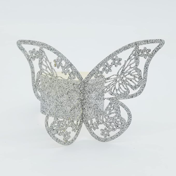 Butterfly Bright Silver Paper Napkin Rings Set of 100 pcs，3D Laser Cutout Paper Napkins Holder,Disposable Serviette Rings for Tables,Decorations,Wedding,Dinner,Party Decor
