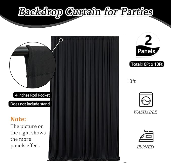 10 x 10 Feet Black Backdrop Curtain for Partie, Background Curtains for Photoshoot, Birthday, Wedding, Halloween, Thanksgiving, Christmas Day, New Year Party Decorations 5Ft x 10Ft, 2 Panels
