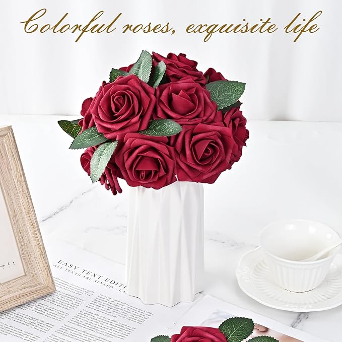 BLEUM CADE 16Pcs Artificial Flowers Fake Roses with Stems, Burgundy Boxed Foam Roses for DIY Bouquets Centerpieces Wedding Party Arrangement Bridal Shower Decor