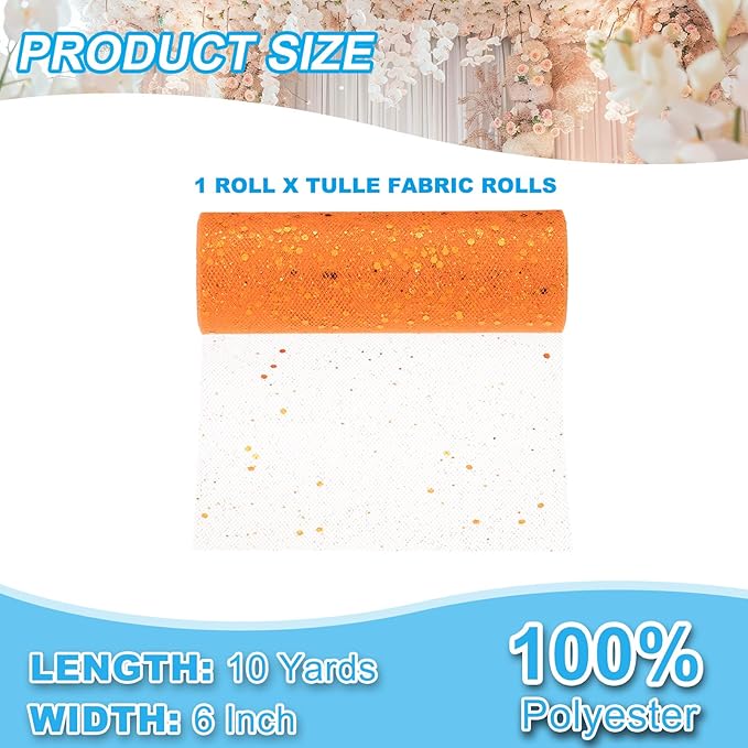 PATIKIL Tulle Fabric Rolls, 6 Inch by 10 Yards Fabric Spool Tulle Sparkling Ribbon Netting Sequin for DIY Tutu Skirts Crafts Wedding Party Decorations, Orange