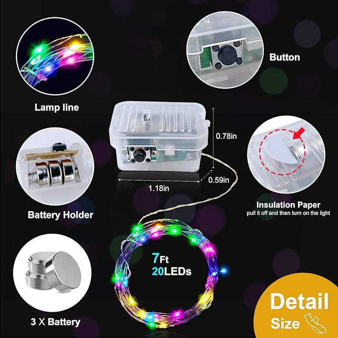 pozzolanas 24 Pack Multicolor Battery Operated String Lights - 7ft Waterproof Fairy Lights with 20 LEDs for Home, Mason Jar, Party, Wedding, Halloween, Christmas Decorations